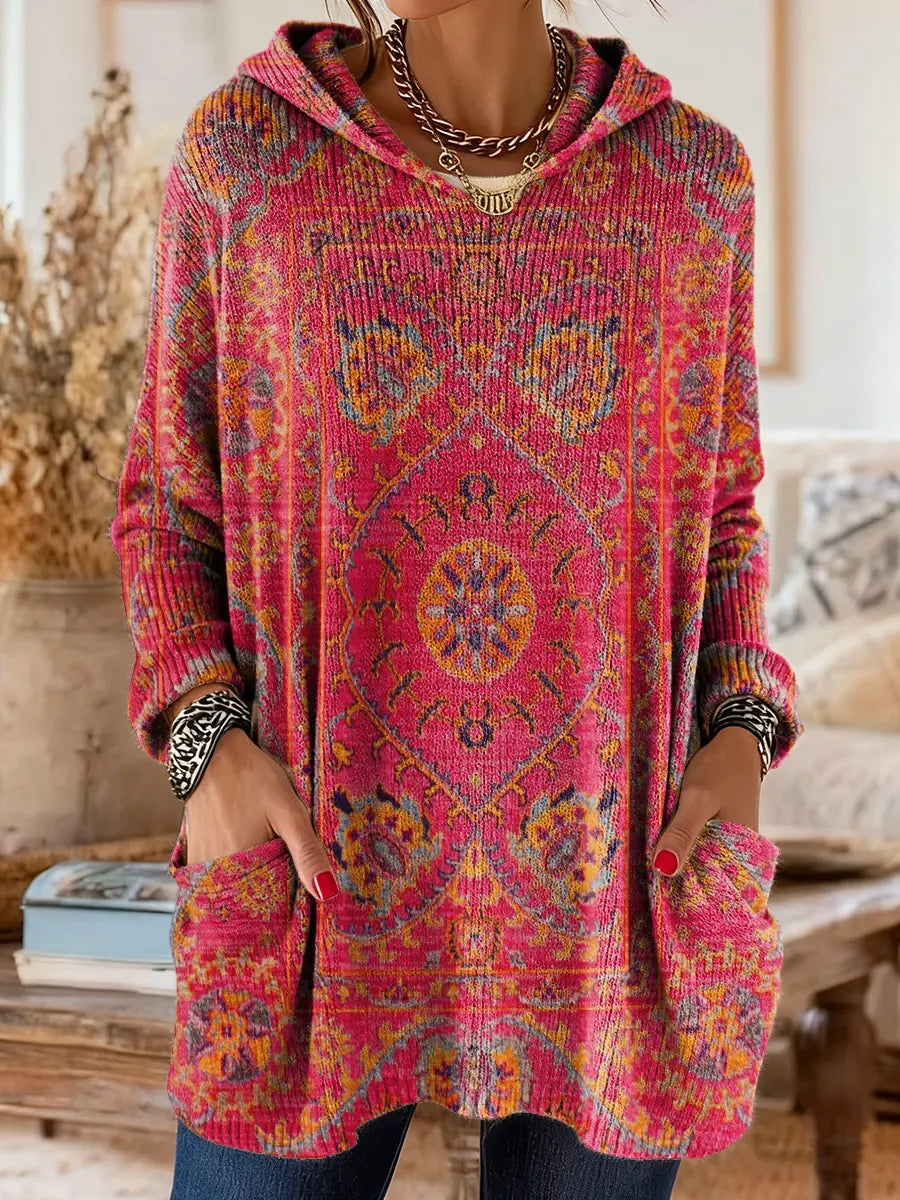 Mira | Boho Ethnic Print Oversized Hooded Knit Sweater