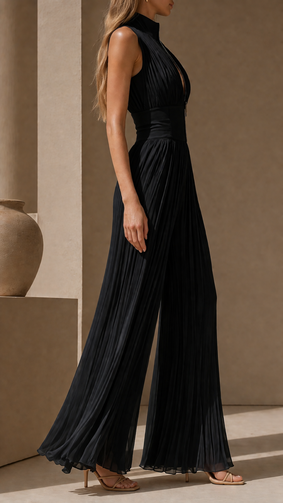 Nadine | Elegant Pleated Wide Leg Zip-Up Jumpsuit