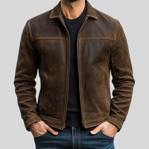 Logan | Men's Suede Zip Up Collared Trucker Jacket