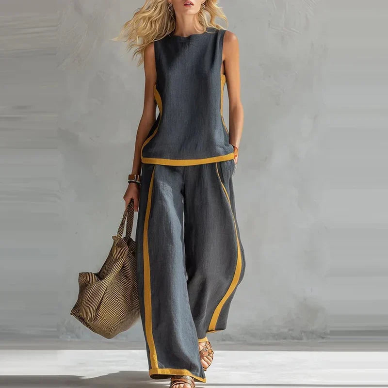 Solene | Contrast Trim Sleeveless Top Wide Leg Pants Set