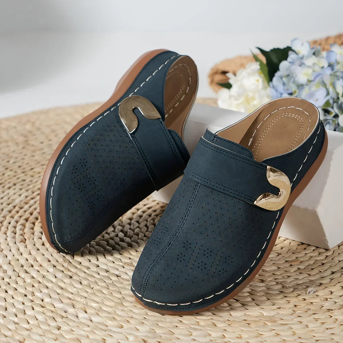 Bianca | Women's Perforated Metal Buckle Flat Slip On Mules