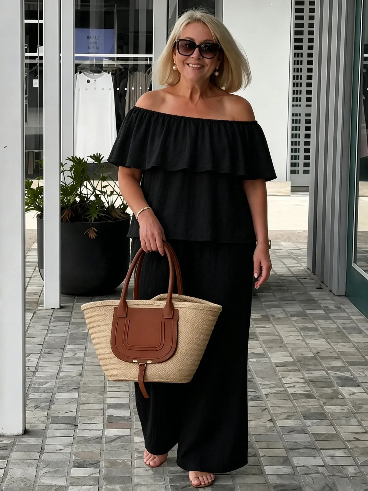 Alessia | Off Shoulder Ruffle Top Wide Leg Pants Two-Piece Set