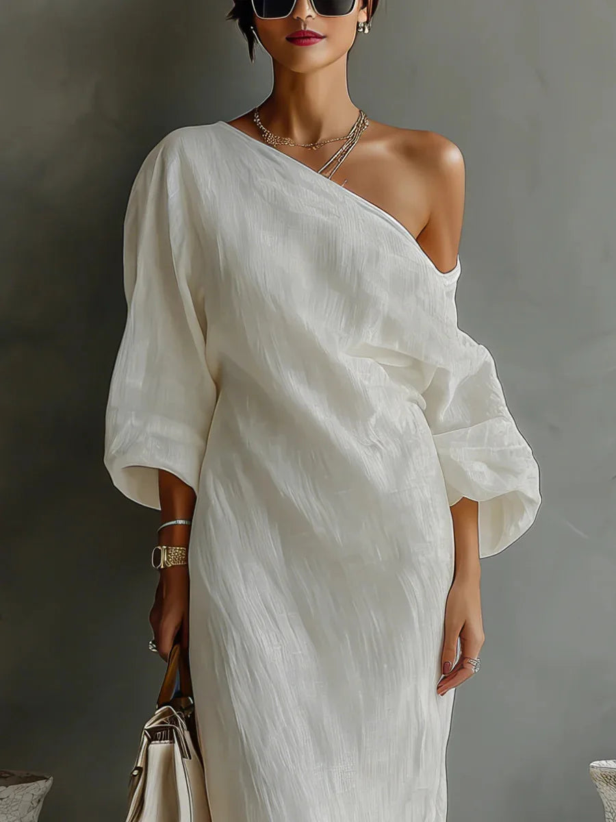 Daisy | Elegant One Shoulder Draped Linen Maxi Dress