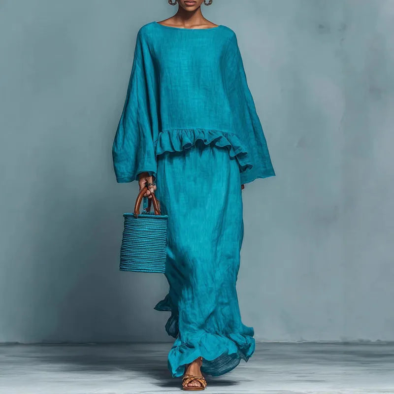 Azaria | Linen Ruffle Hem Long Sleeve Top Maxi Skirt Set