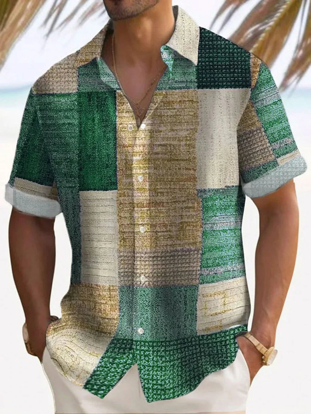Joshua | Men's Color Block Patchwork Short Sleeve Button Up Shirt