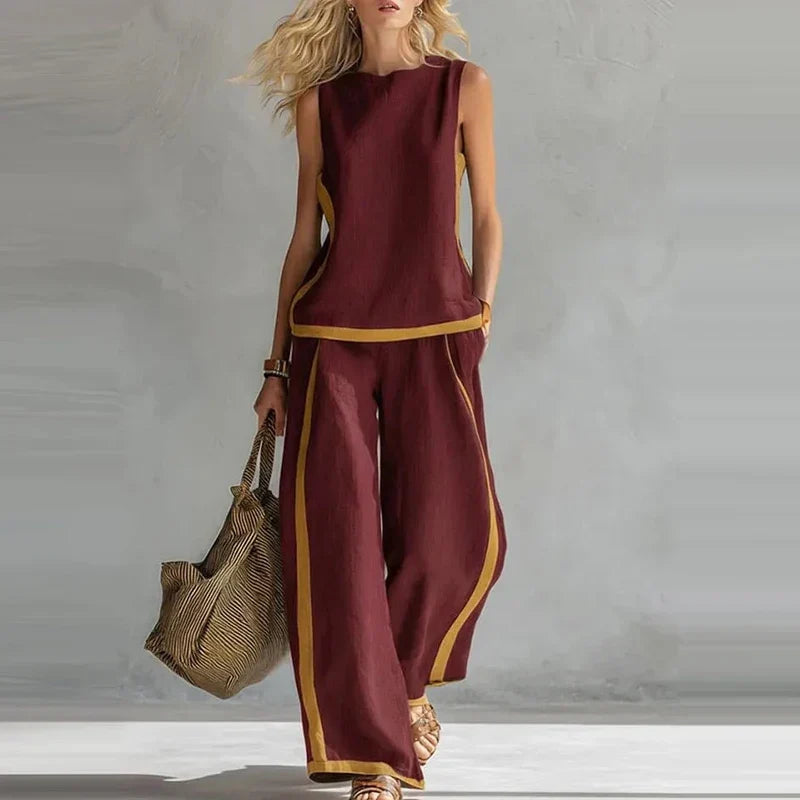 Solene | Contrast Trim Sleeveless Top Wide Leg Pants Set