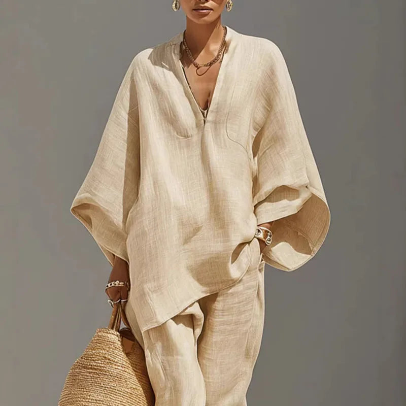 Cordella | Relaxed Linen V Neck Batwing Sleeve Two-Piece Set
