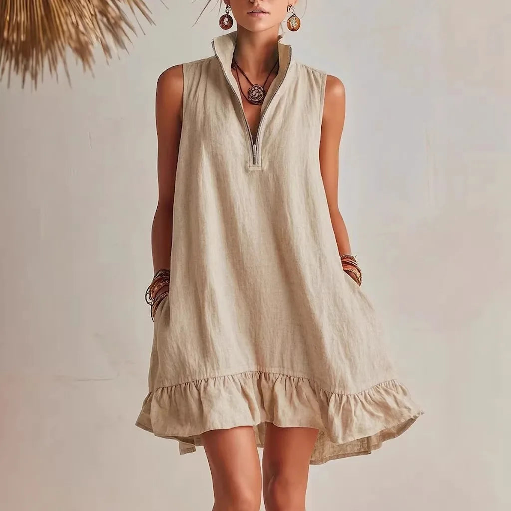 Mila | Linen Zip Neck Sleeveless Ruffle Hem Mini Dress