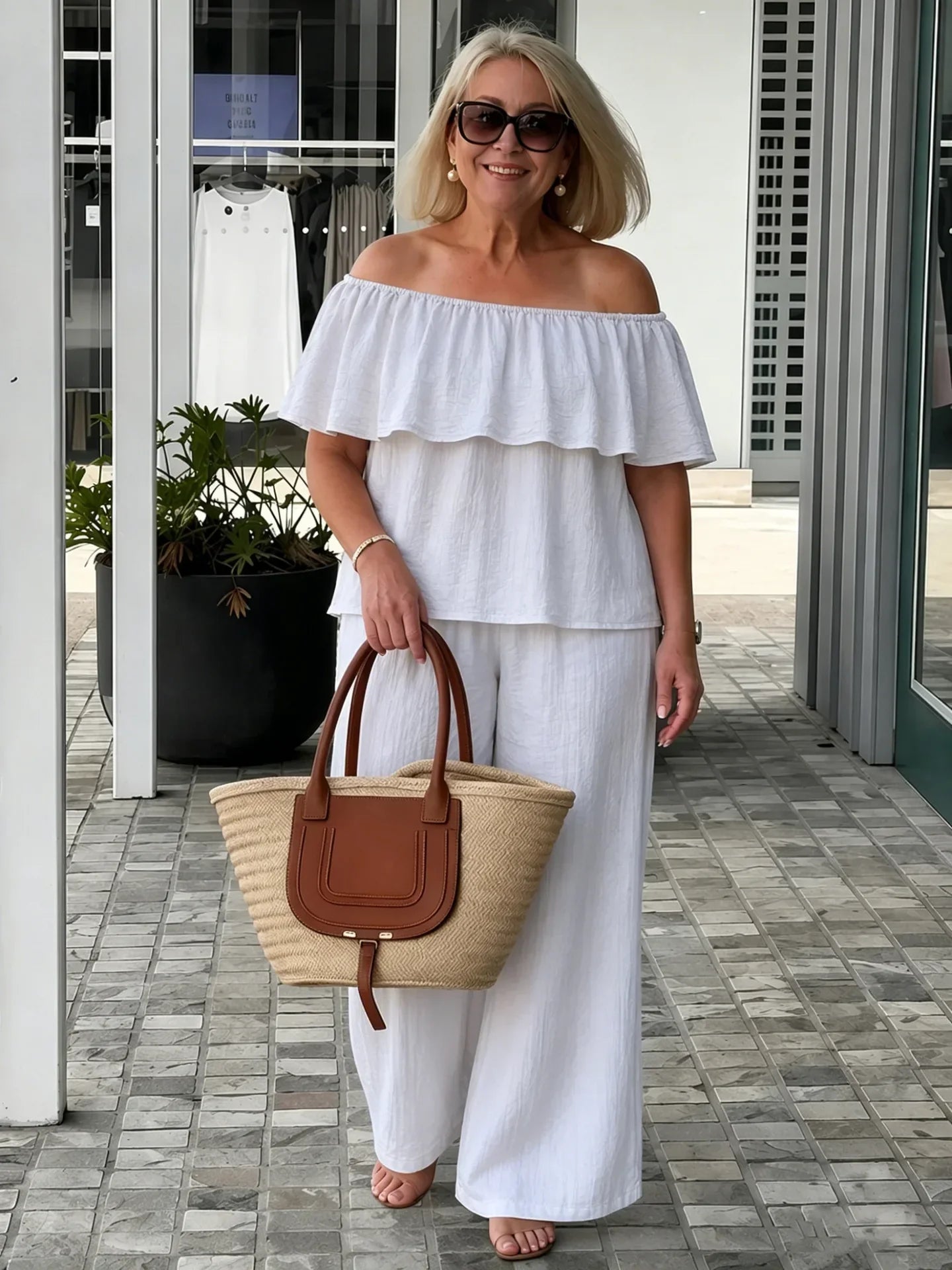 Alessia | Off Shoulder Ruffle Top Wide Leg Pants Two-Piece Set