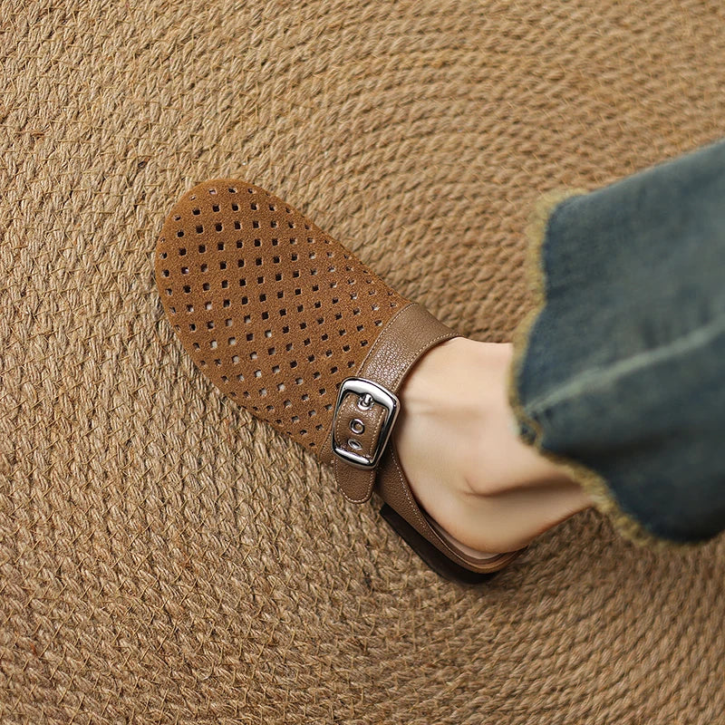 Celine | Women's Perforated Suede Buckle Block Heel Mules
