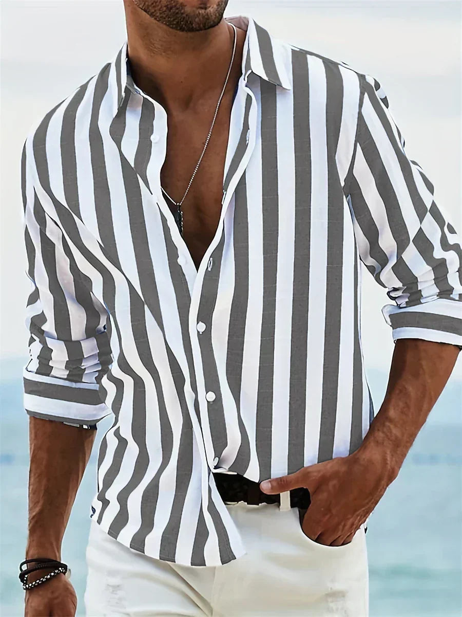 Joel | Men's Striped Linen Long Sleeve Button Up Shirt