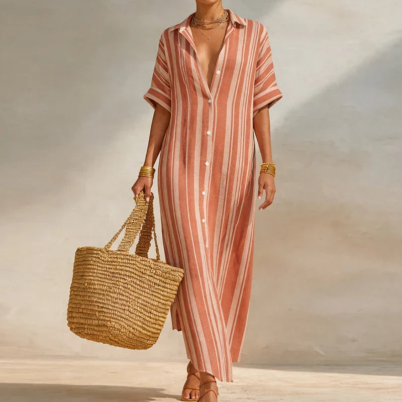 Olivia | Striped Linen Shirt Dress Beach Cover Up Maxi Dress