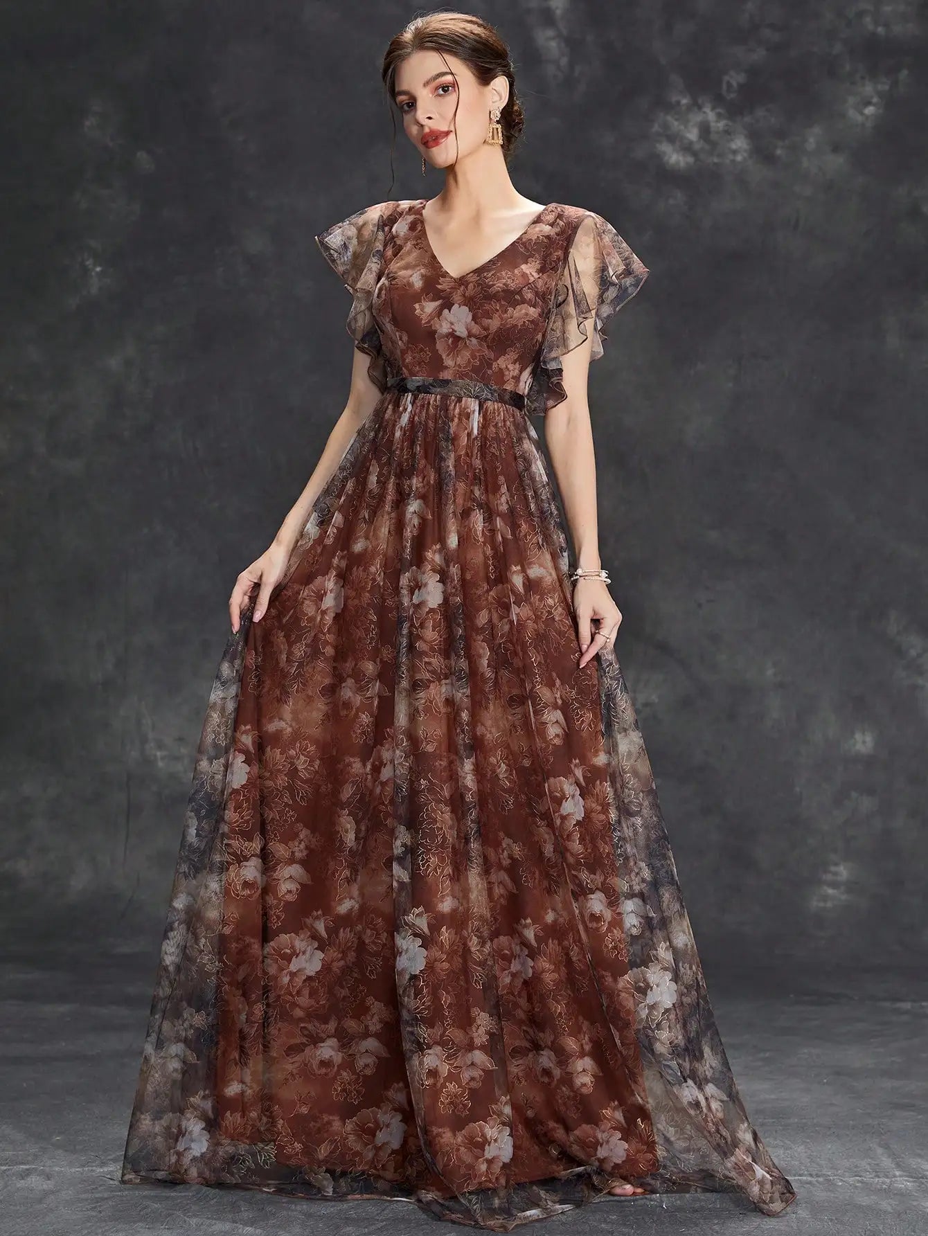 Selene | Floral Print Tulle V Neck Ruffle Sleeve Maxi Dress