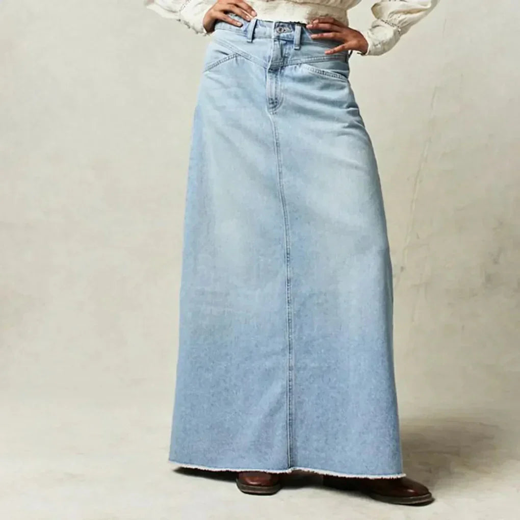 Harlow | High-Waist Frayed Hem Denim Maxi Skirt