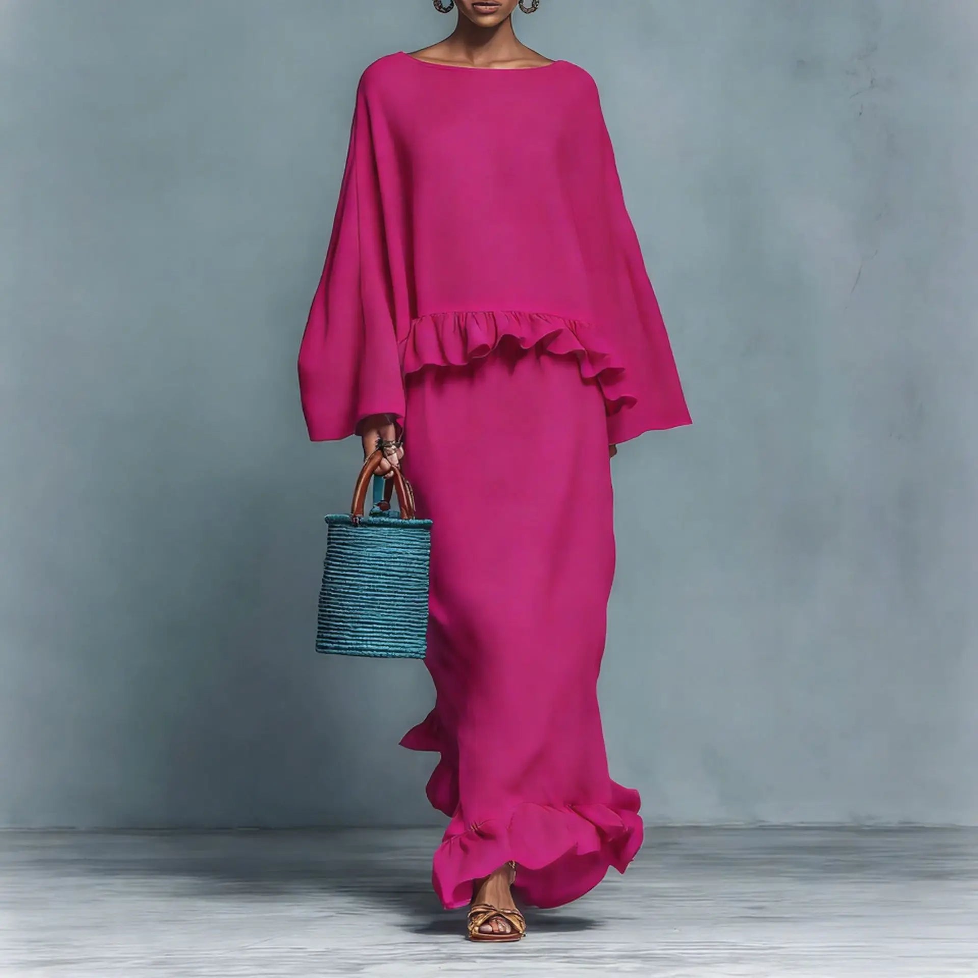 Azaria | Linen Ruffle Hem Long Sleeve Top Maxi Skirt Set