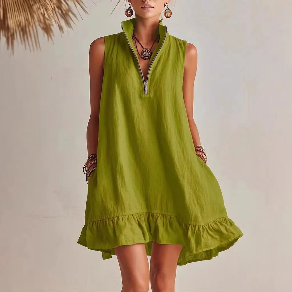 Mila | Linen Zip Neck Sleeveless Ruffle Hem Mini Dress
