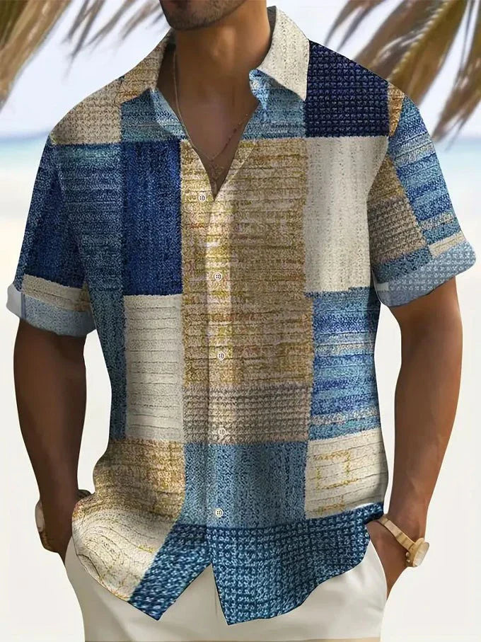Joshua | Men's Color Block Patchwork Short Sleeve Button Up Shirt