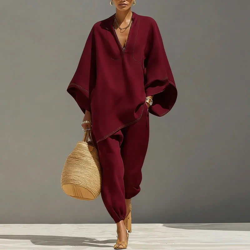 Cordella | Relaxed Linen V Neck Batwing Sleeve Two-Piece Set