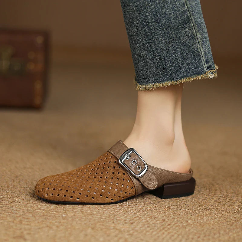 Celine | Women's Perforated Suede Buckle Block Heel Mules