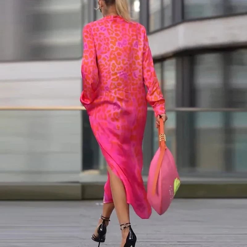 Zahara | Leopard Print Long Sleeve Button-Down Shirt Maxi Dress