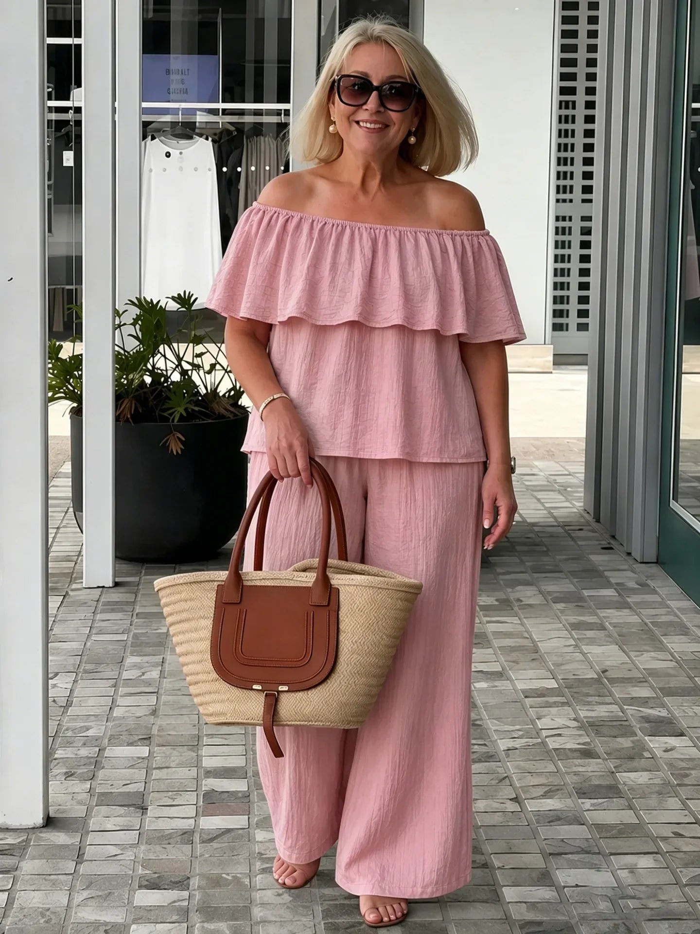 Alessia | Off Shoulder Ruffle Top Wide Leg Pants Two-Piece Set