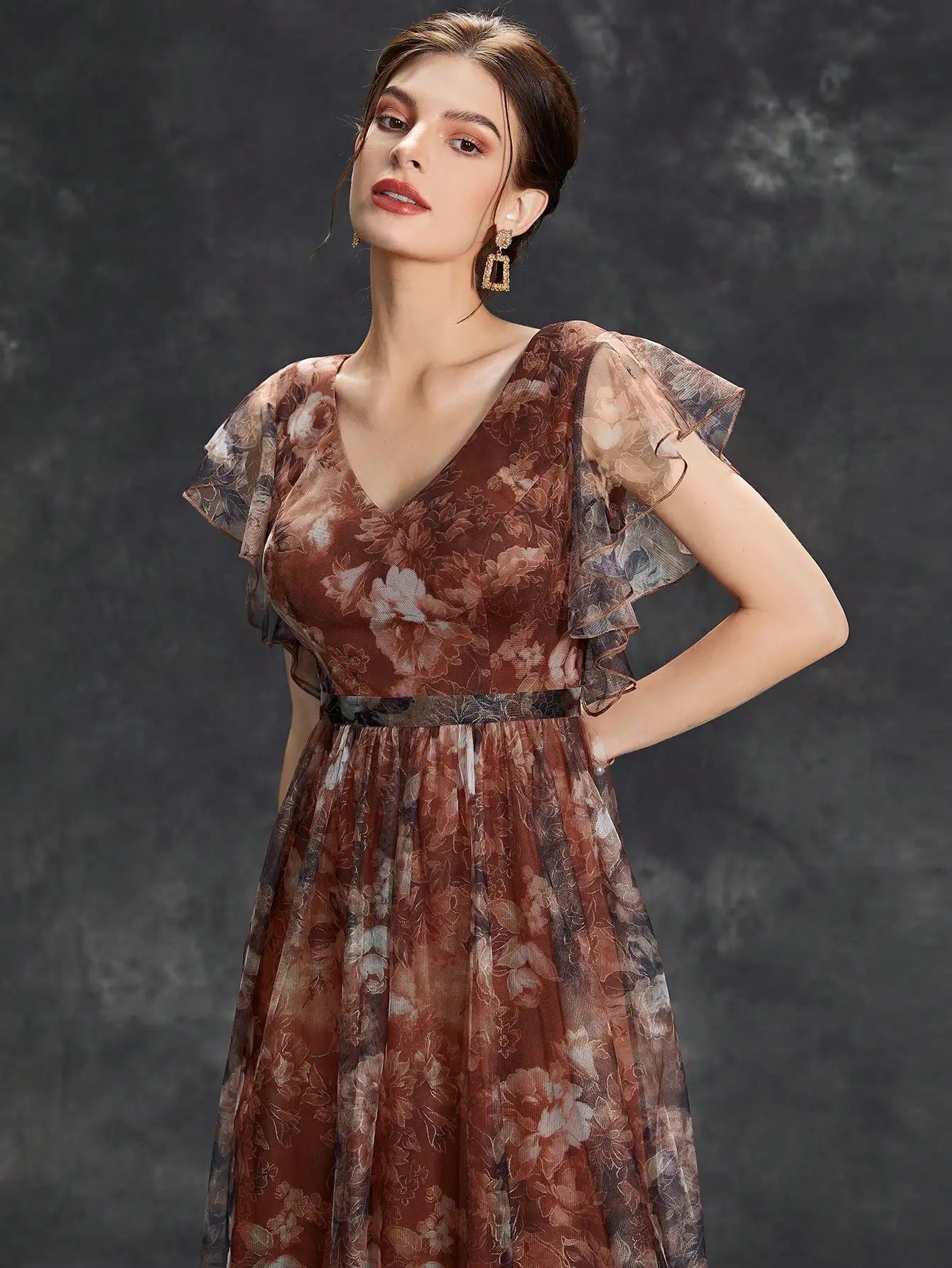 Selene | Floral Print Tulle V Neck Ruffle Sleeve Maxi Dress