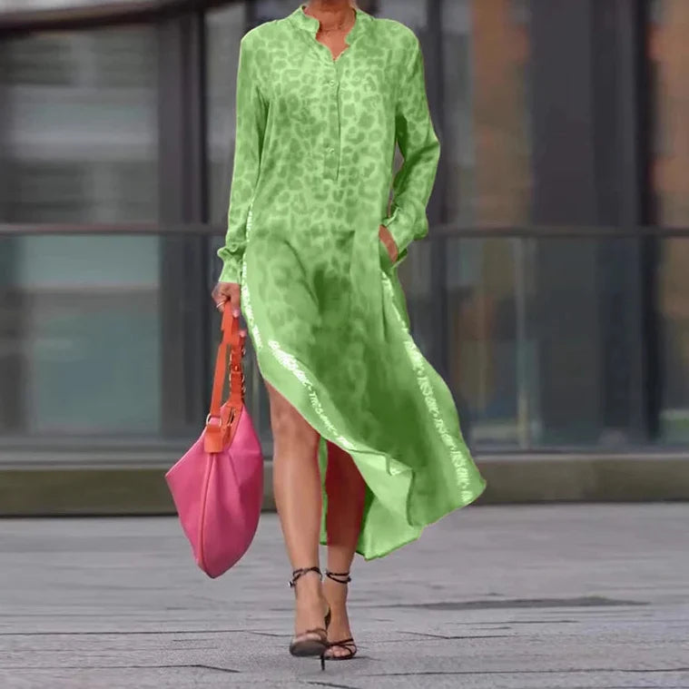Zahara | Leopard Print Long Sleeve Button-Down Shirt Maxi Dress