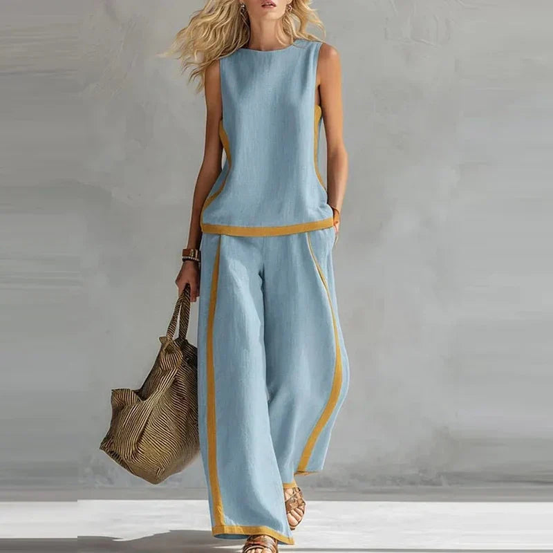 Solene | Contrast Trim Sleeveless Top Wide Leg Pants Set