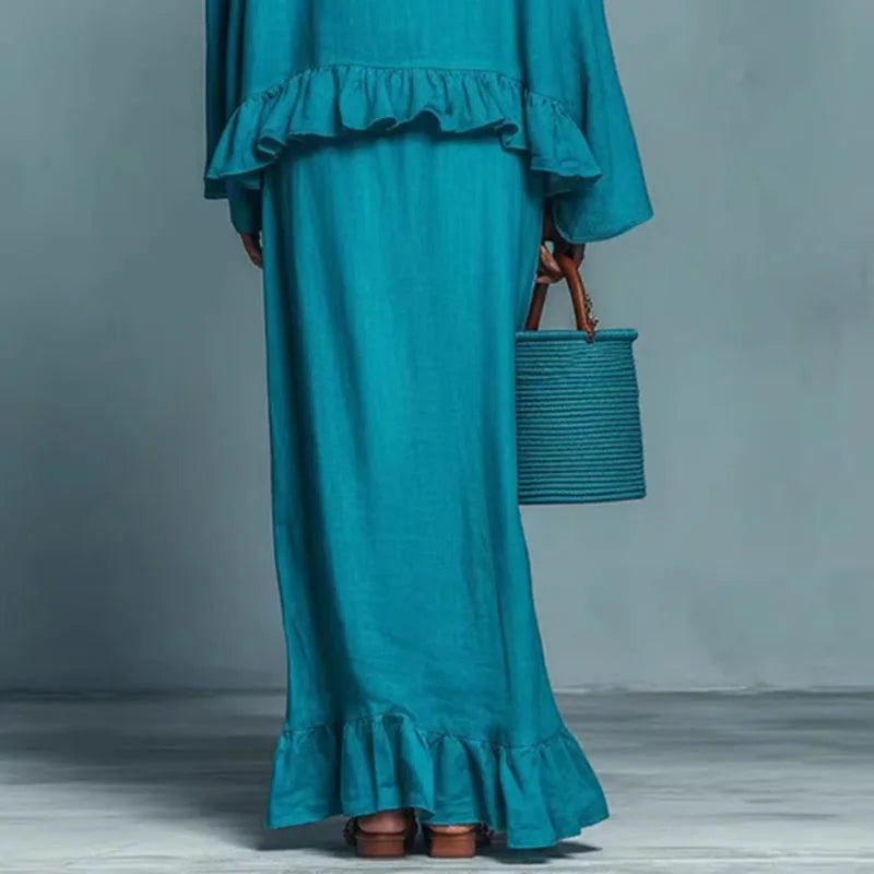 Azaria | Linen Ruffle Hem Long Sleeve Top Maxi Skirt Set