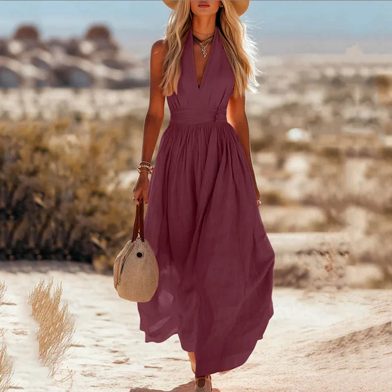 Selene | Halter Deep V Neck Pleated Backless Maxi Dress