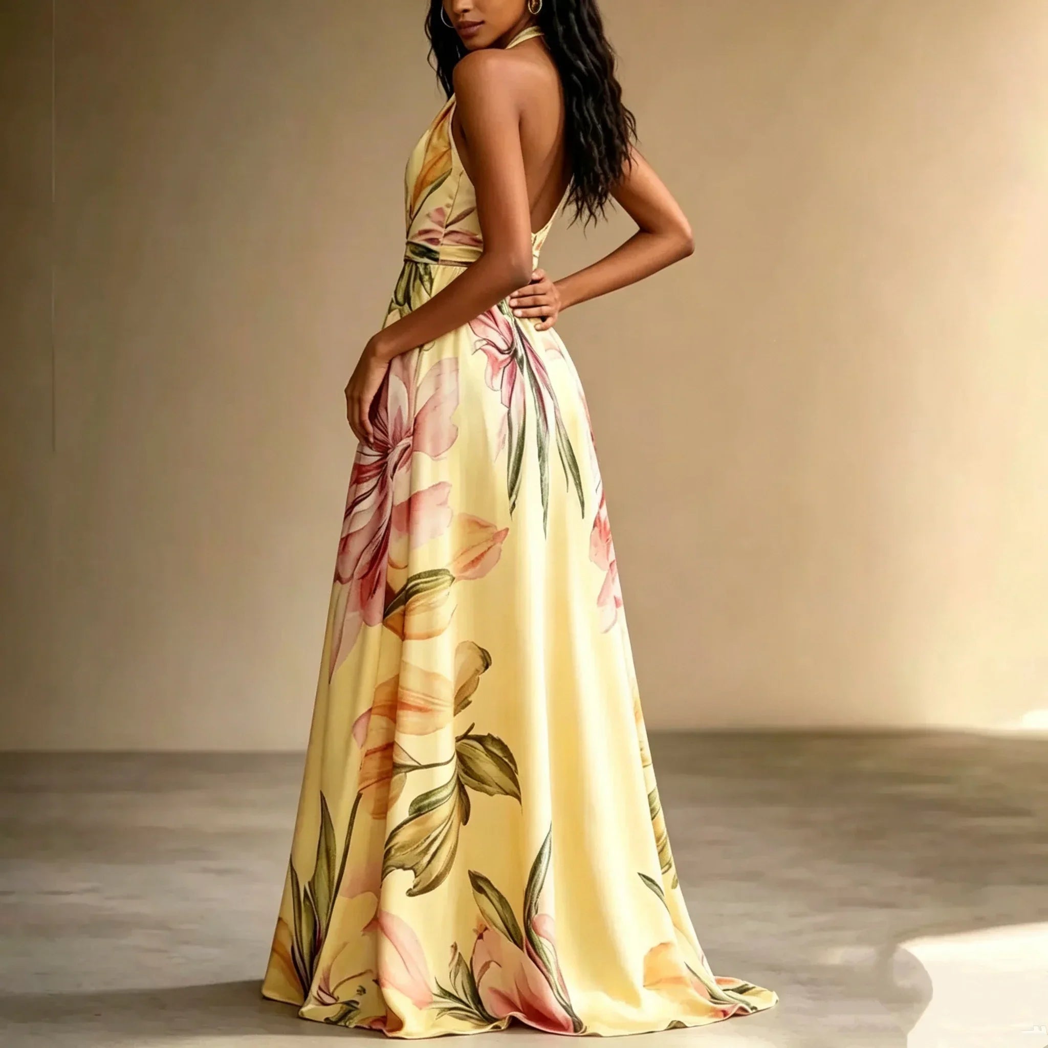 Loraine | Floral Print Deep V Neck Halter Backless Maxi Dress