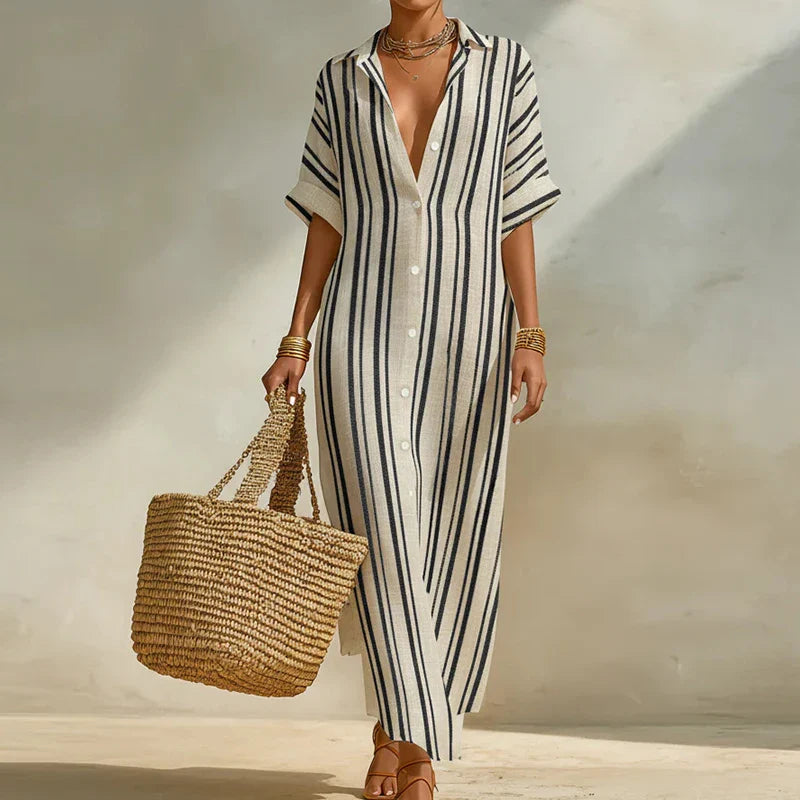 Olivia | Striped Linen Shirt Dress Beach Cover Up Maxi Dress