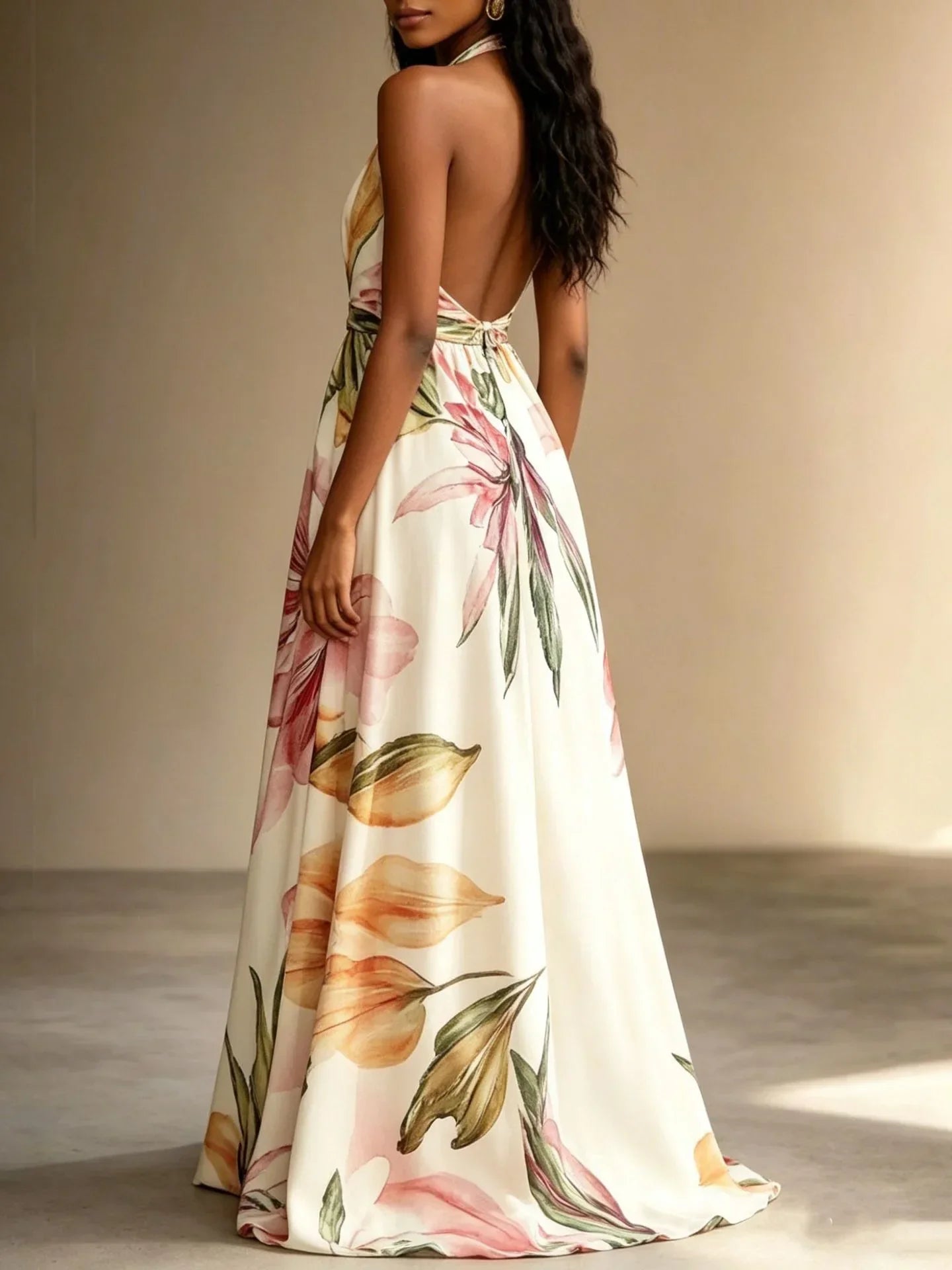 Loraine | Floral Print Deep V Neck Halter Backless Maxi Dress