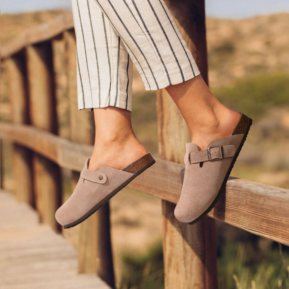 Colette | Women's Suede Buckle Strap Cork Sole Slip On Clogs