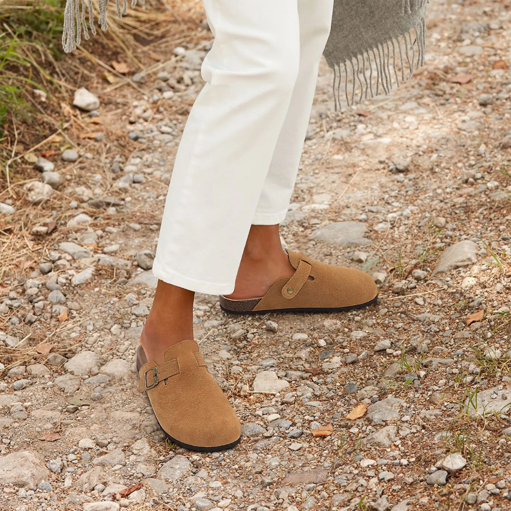Colette | Women's Suede Buckle Strap Cork Sole Slip On Clogs