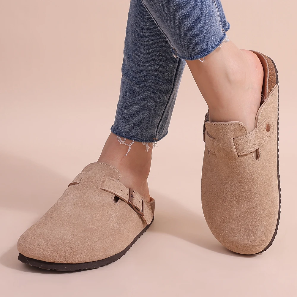 Colette | Women's Suede Buckle Strap Cork Sole Slip On Clogs