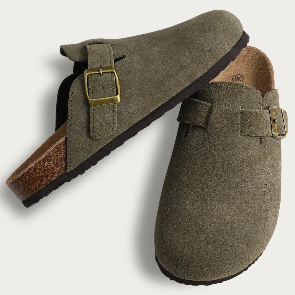 Colette | Women's Suede Buckle Strap Cork Sole Slip On Clogs