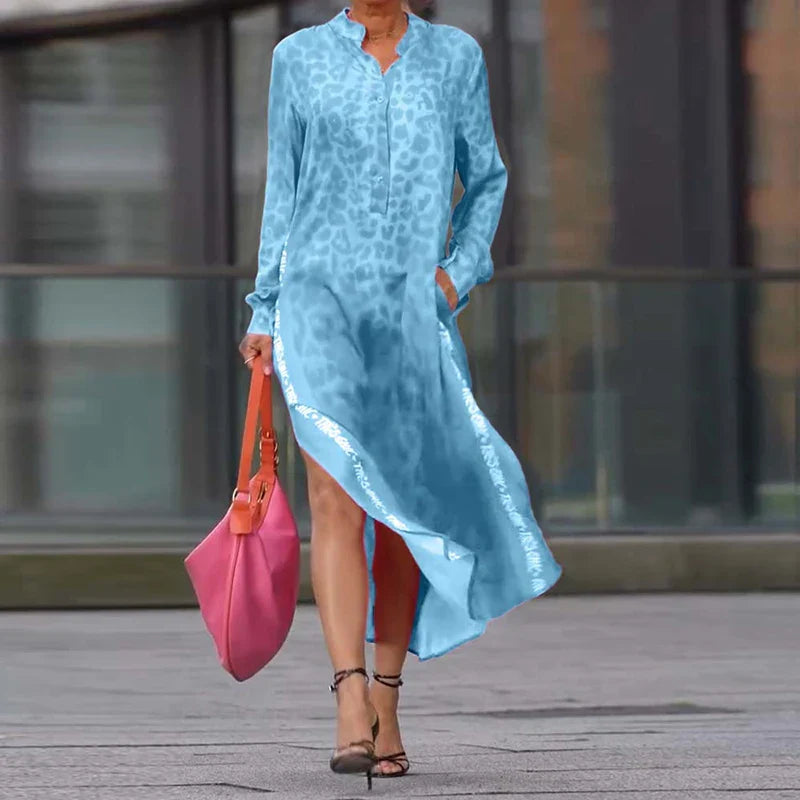 Zahara | Leopard Print Long Sleeve Button-Down Shirt Maxi Dress