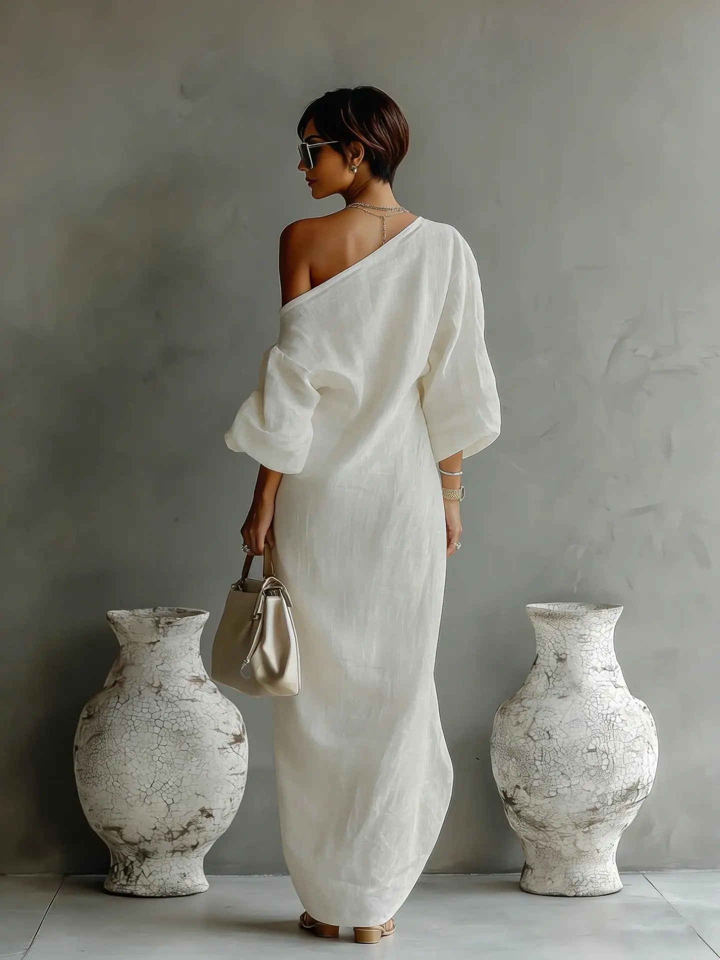 Daisy | Elegant One Shoulder Draped Linen Maxi Dress