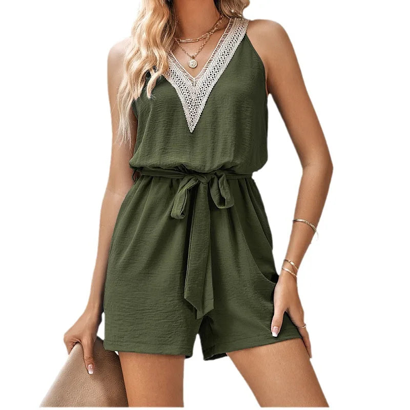 Elira | V Neck Lace Trim Belted Shorts Romper