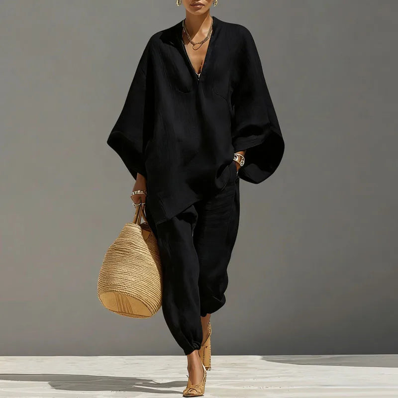 Cordella | Relaxed Linen V Neck Batwing Sleeve Two-Piece Set