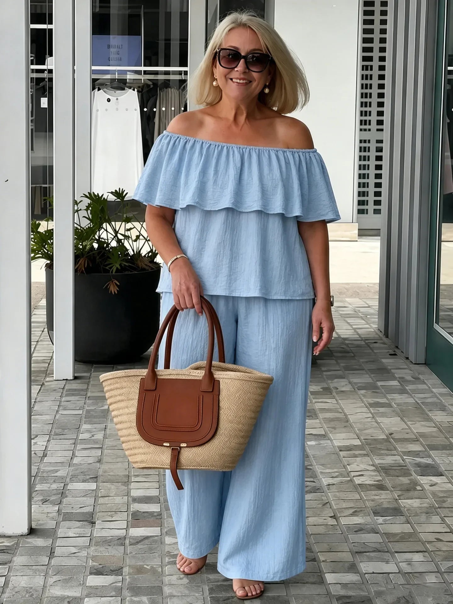 Alessia | Off Shoulder Ruffle Top Wide Leg Pants Two-Piece Set