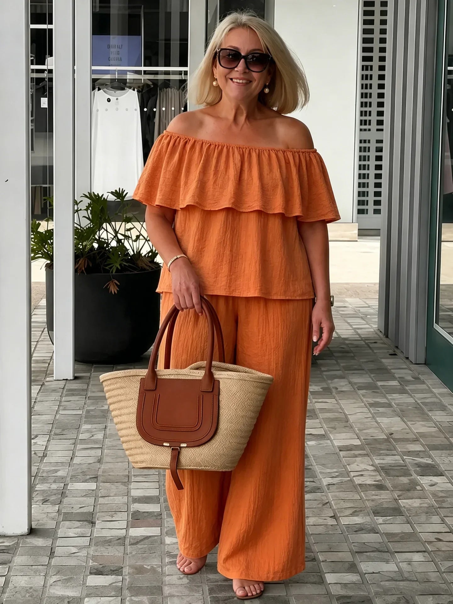 Alessia | Off Shoulder Ruffle Top Wide Leg Pants Two-Piece Set