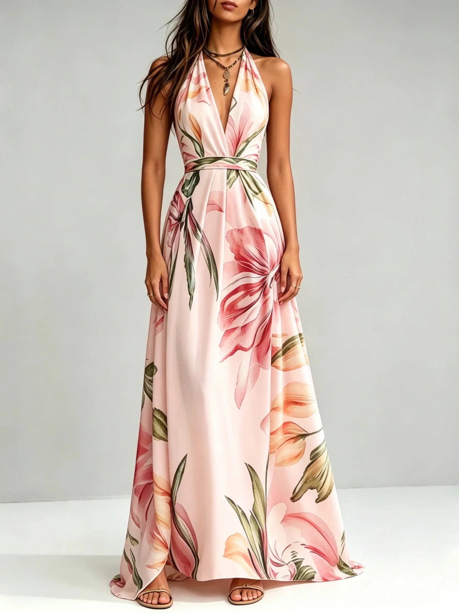 Loraine | Floral Print Deep V Neck Halter Backless Maxi Dress