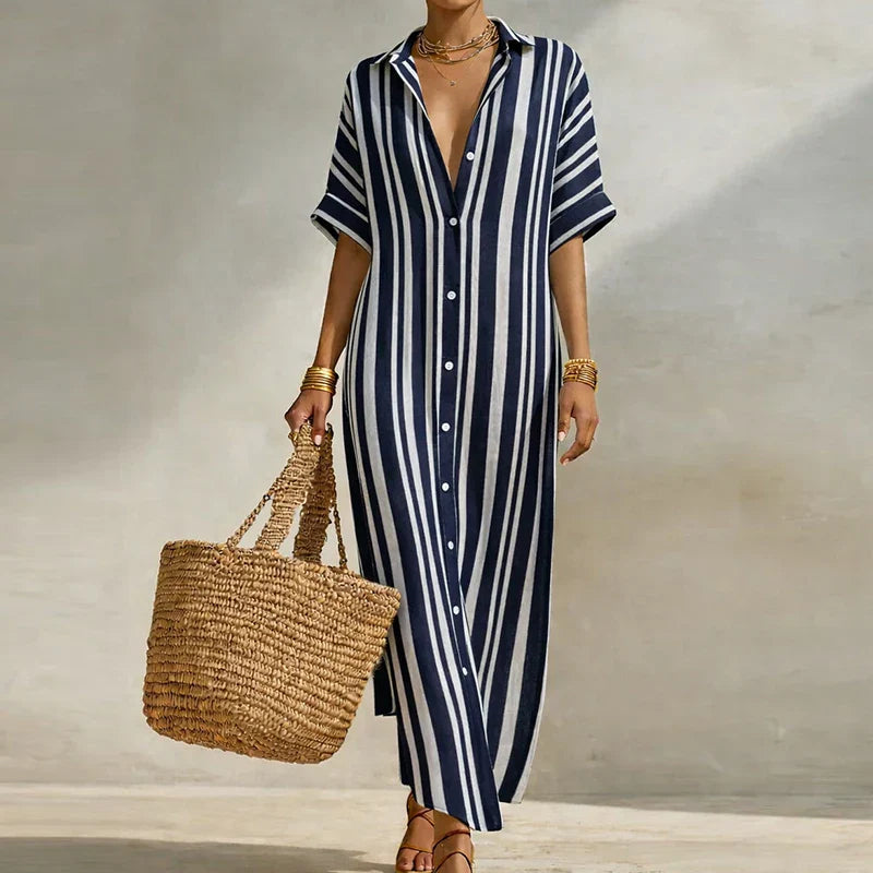 Olivia | Striped Linen Shirt Dress Beach Cover Up Maxi Dress
