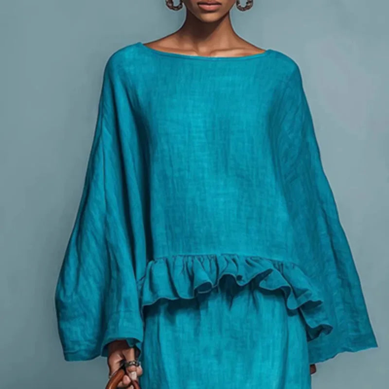 Azaria | Linen Ruffle Hem Long Sleeve Top Maxi Skirt Set