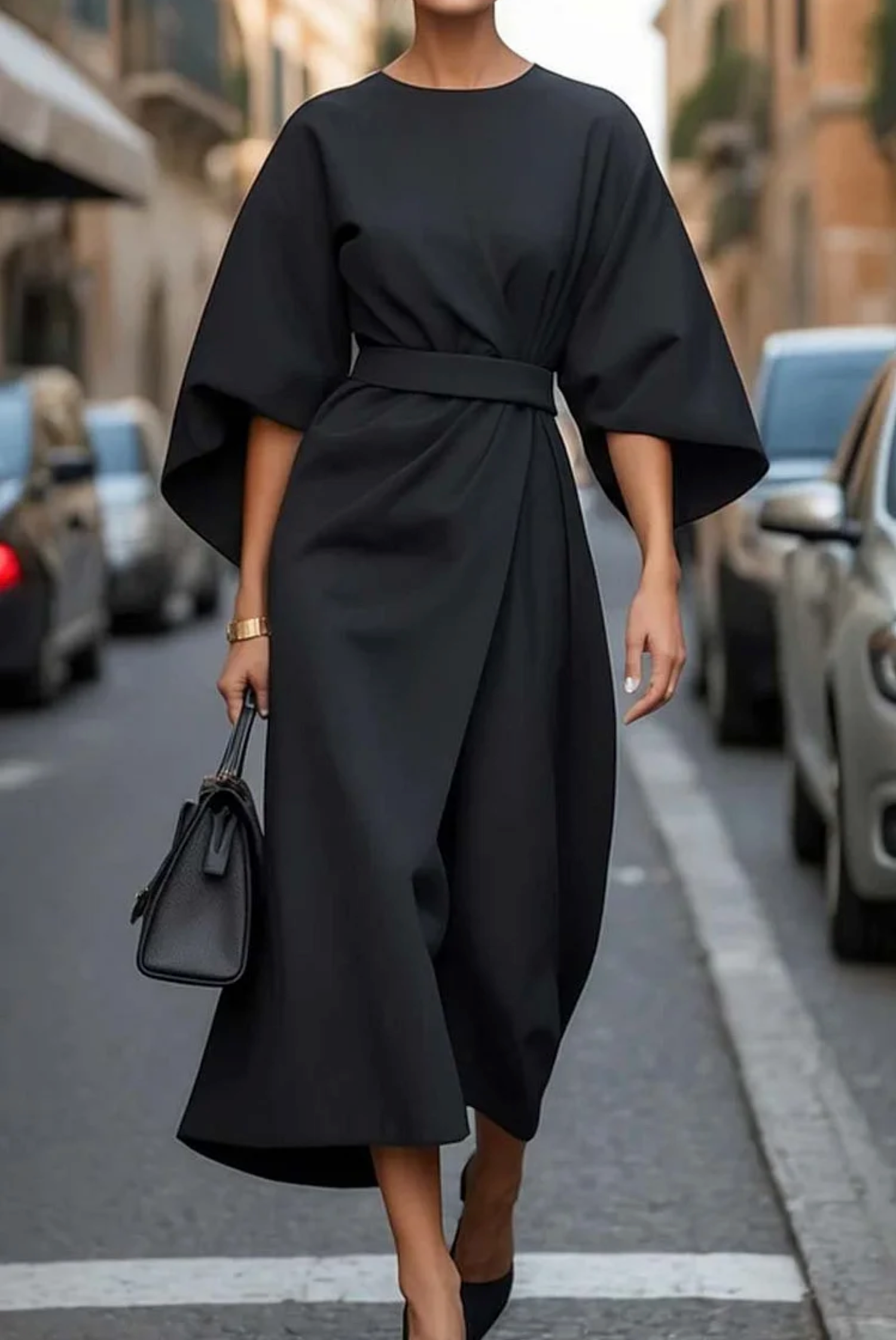 Presley | Elegant Batwing Sleeve Belted Wrap Midi Dress