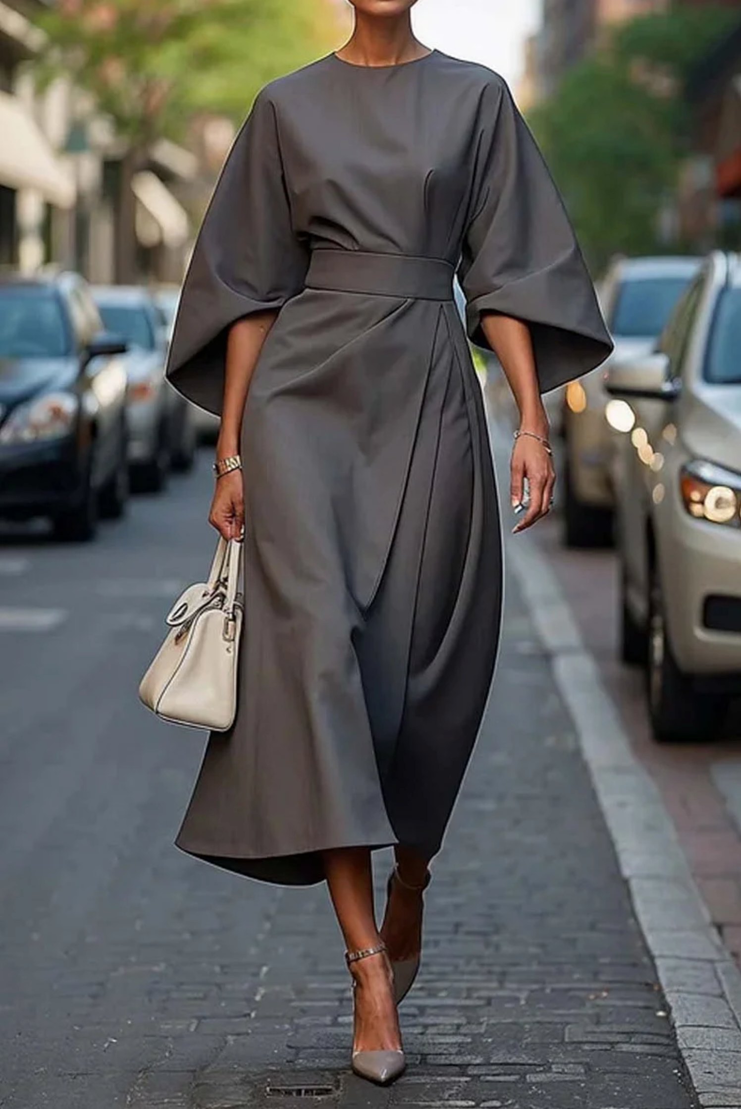 Presley | Elegant Batwing Sleeve Belted Wrap Midi Dress