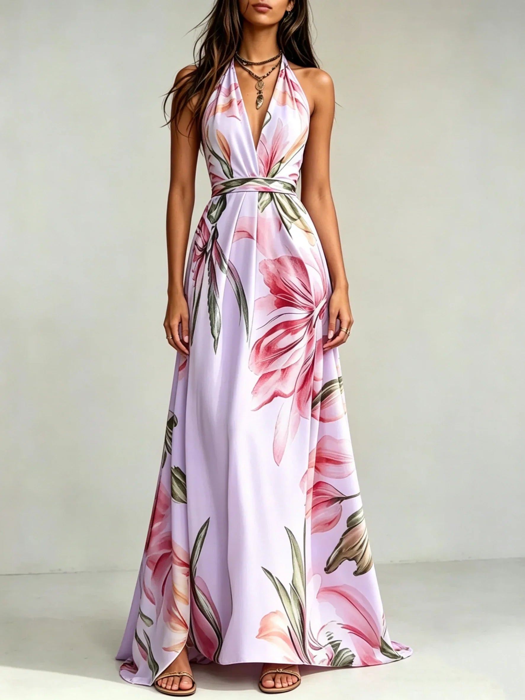 Loraine | Floral Print Deep V Neck Halter Backless Maxi Dress