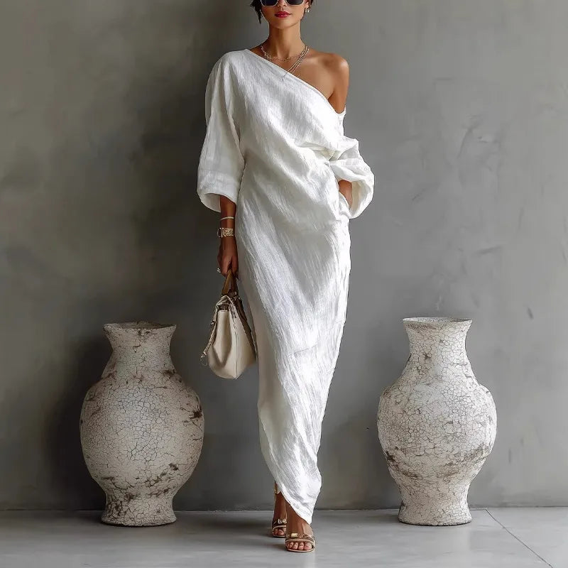 Daisy | Elegant One Shoulder Draped Linen Maxi Dress